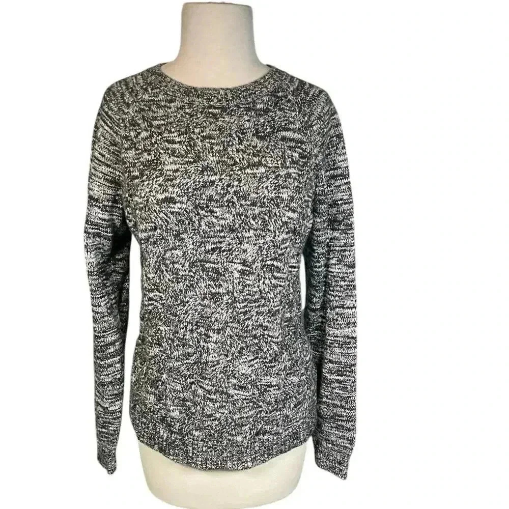 LANDS END Drifter Chunky Cable Knit Sweater Gray with White 100% Baumwolle